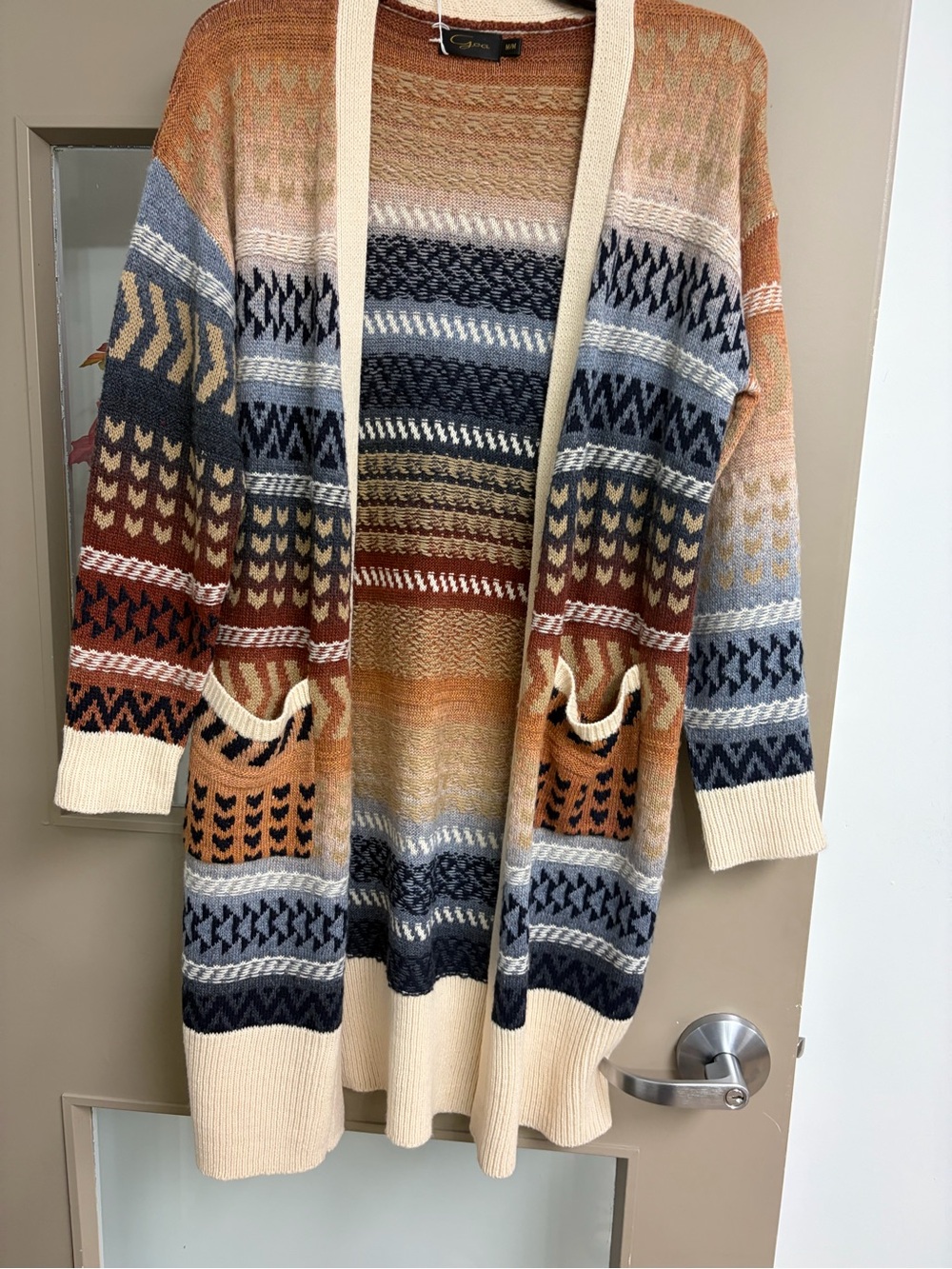 Multicolor Open-Front Patterned Cardigan with Cream Trim